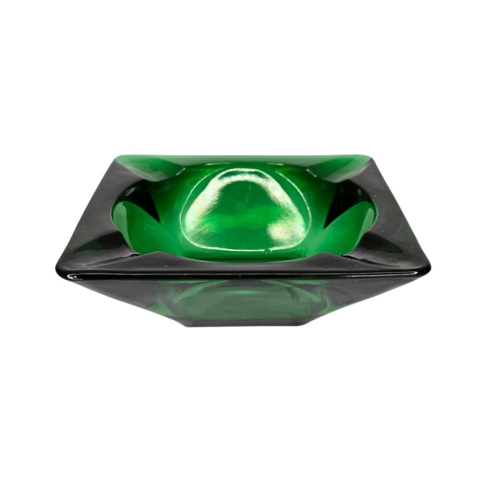 Vintage Emerald Green Art Glass Square Ashtray 3.5" x 3.5" Mid-Century Modern